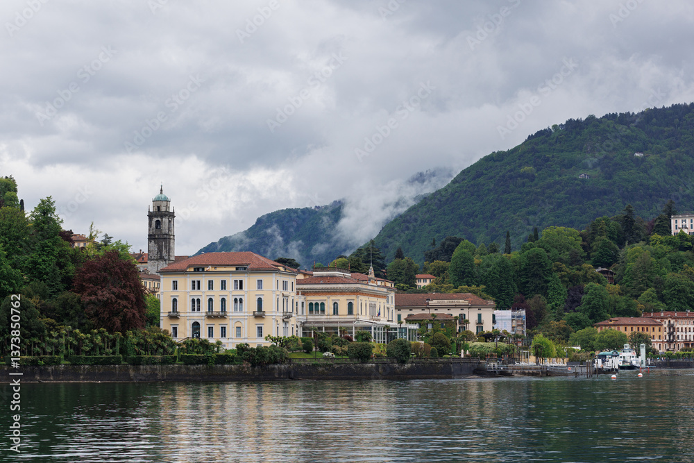 Lake Como Shore with Historic Houses and Church