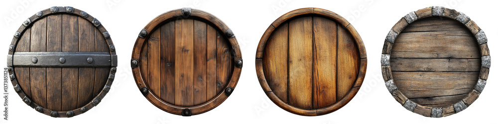 Fototapeta premium Authentic wooden barrel isolated on transparent background. PNG , Set of
