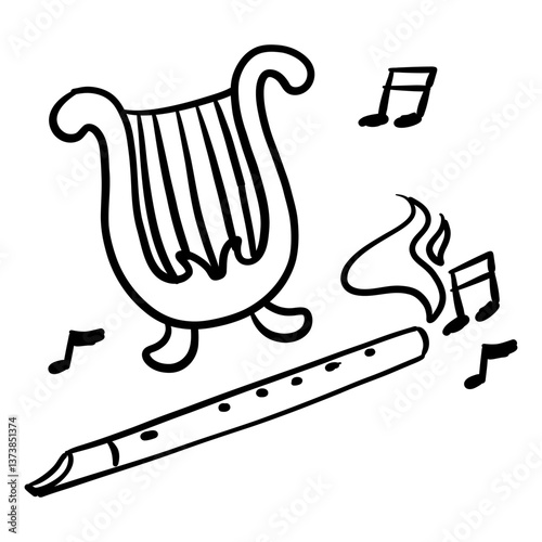 Magical doodle-style harp and pipe. Magical musical instruments. suitable for projects related to music, fantasy and magic. It will perfectly complement books, games, posters, atmosphere. Halloween