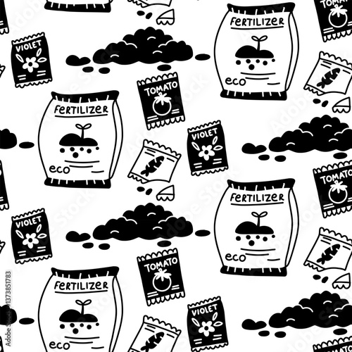 pattern with fertilizers and seeds in a package. Texture on white. Monochrome illustration in the form of flat drawings. a set of tools for transplanting indoor plants. Garden elements and soil