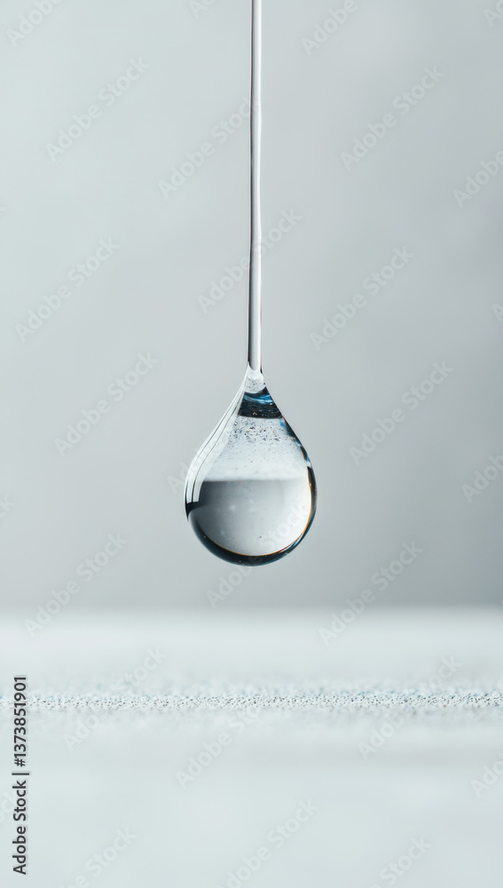 close up of water droplet hanging from thin thread, showcasing its spherical shape and clarity against soft, blurred background. image evokes close up of water droplet hanging from thin thread, showcasing its spherical shape and clarity against soft, blurred background. image evokes
