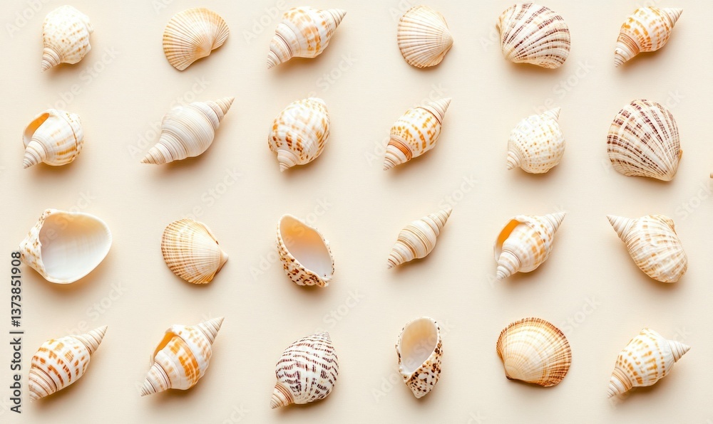 Elegant seashells arranged in a pleasing pattern on a light beige background, evoking summer and seaside themes. Elegant seashells arranged in a pleasing pattern on a light beige background, evoking summer and seaside themes.