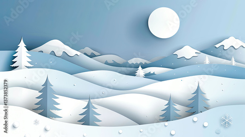 Winter wonderland in minimalist paper cut design. Snowy hills, pine trees, soft shadows, frosty blue and white palette
