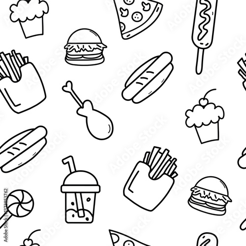 Street food seamless pattern. Different fast food on the white background. Doodle style. Нot dog, slice of pizza, ice cream, lemonade, burger, sushi, French fries, cupcakes, corn dog. 