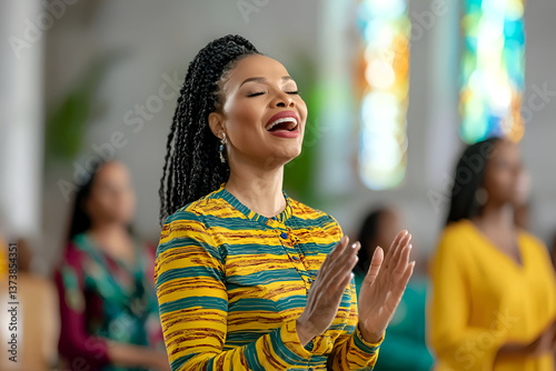 Joyful african adult woman singing in church with colorful stained glass background