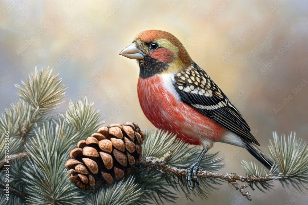 Fototapeta premium White-Winged Crossbill. Wildlife Bird Perched on Pine Tree with Pine Cone