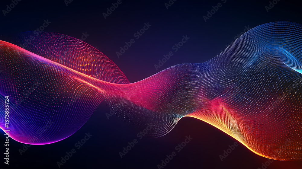 Fototapeta premium Abstract Colorful Wavy Particle Flow Background Design with Dynamic Glowing Dots and Lines in Dark Space. Futuristic Technology