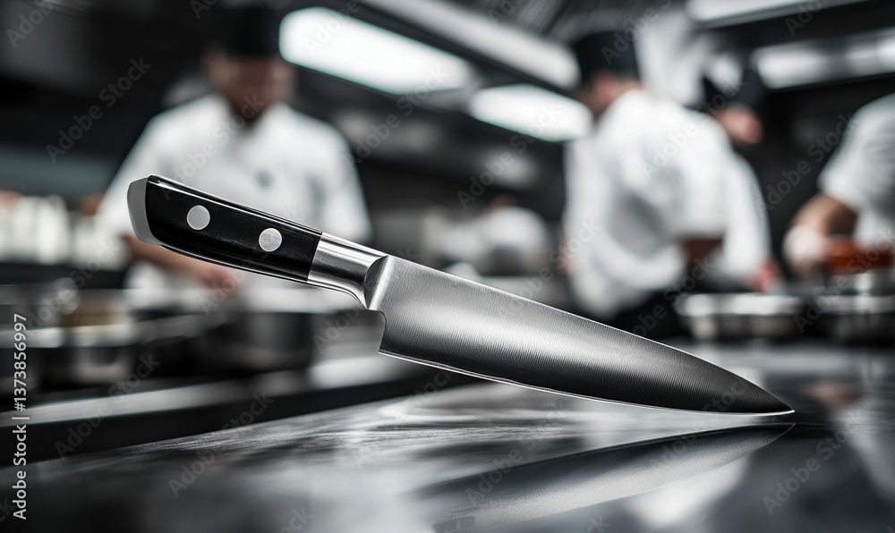 A sharp chef's knife rests on a stainless steel counter in a busy restaurant kitchen. A sharp chef's knife rests on a stainless steel counter in a busy restaurant kitchen.