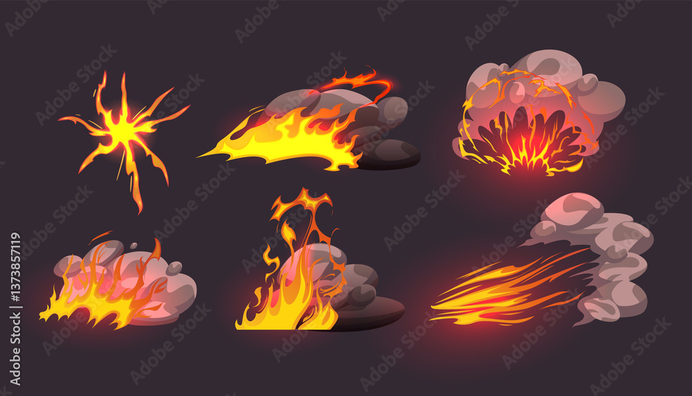 Cartoon fire game effect icon set. Hot flame comic graphic illustration for ui design. Danger flammable attack motion detail. Isolated burning and fiery power with heat light trail