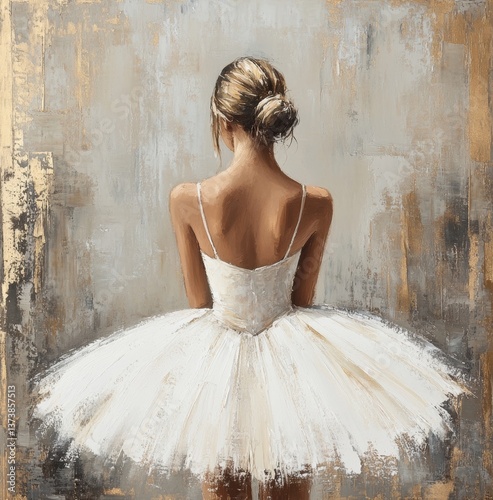 A ballerina in a white tutu, viewed from behind, oil painting with a vintage aesthetic