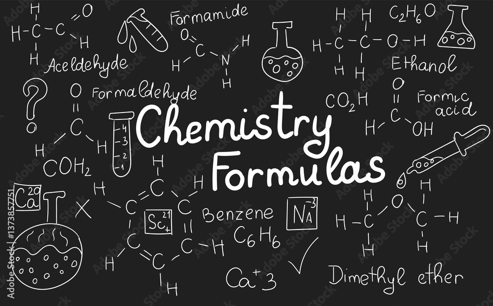 Chemistry formulas, science and education background. Chalkboard inscribed with scientific formulas and calculations in physics and mathematics. Retro illustration