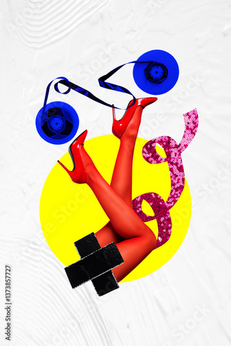 Trend artwork poster sketch image collage of woman sexy legs model posing high heels cassette nightclub event leisure rest entertainment photo