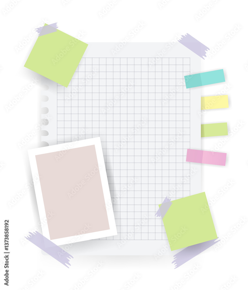 Paper notes stickers. Place for memo messages on paper sheets. Attached with sticky colorful tape on grey background isolated illustration