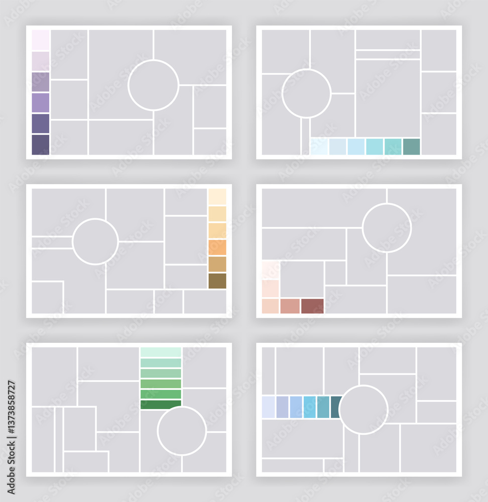 Photo collage template set. Album brandboard, set portfolio images. Mood board backgrounds. Mosaic picture frames. Gallery banners. illustration