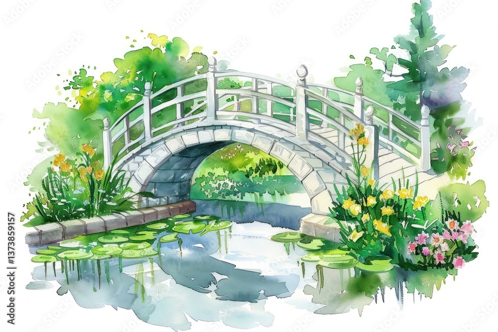 Fototapeta premium Serene watercolor garden bridge