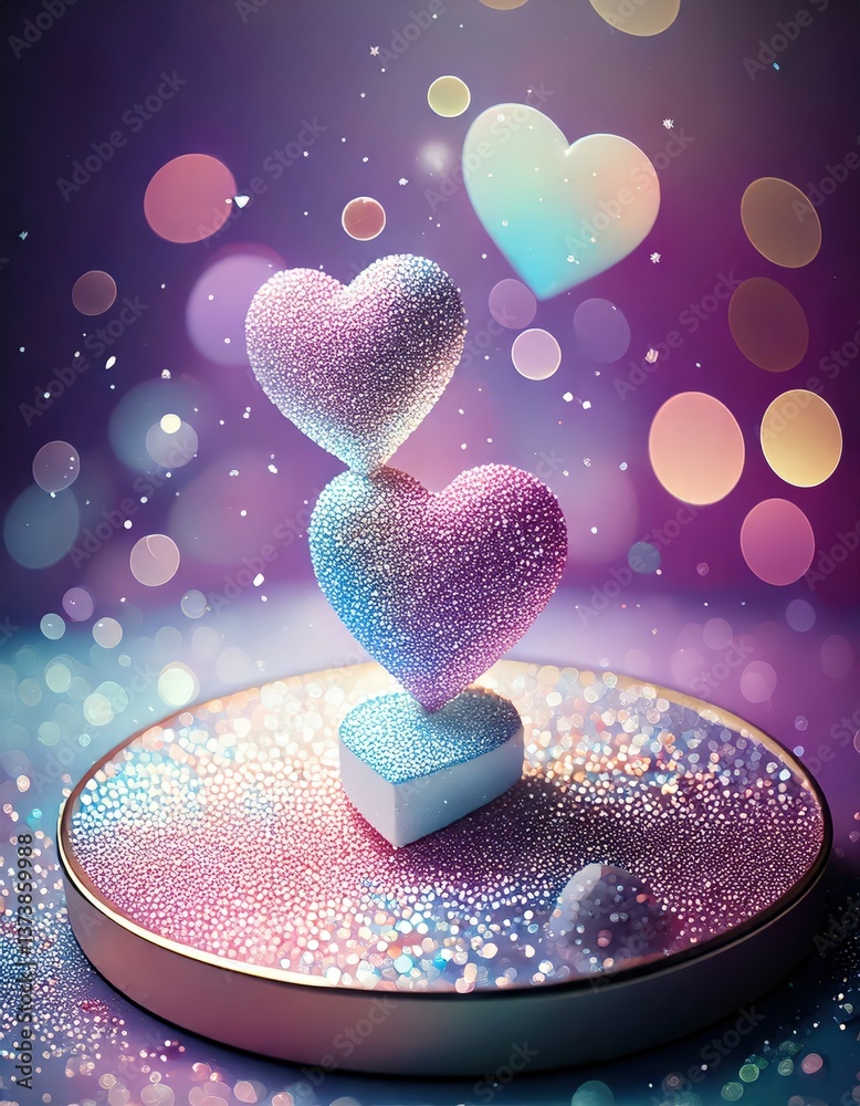 Fototapeta premium パステルカラーのグリッターハート – バレンタイン・愛のデザイン素材, キラキラと輝く幻想的なハート背景 – ファンシー＆フェミニンアート