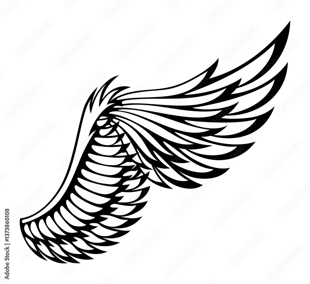 Wings sketch. Stylized birds wings. Hand drawn contoured stiker wing in open position. design elements in coloring style