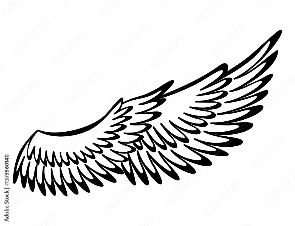 Wings sketch. Stylized birds wings. Hand drawn contoured stiker wing in open position. design elements in coloring style
