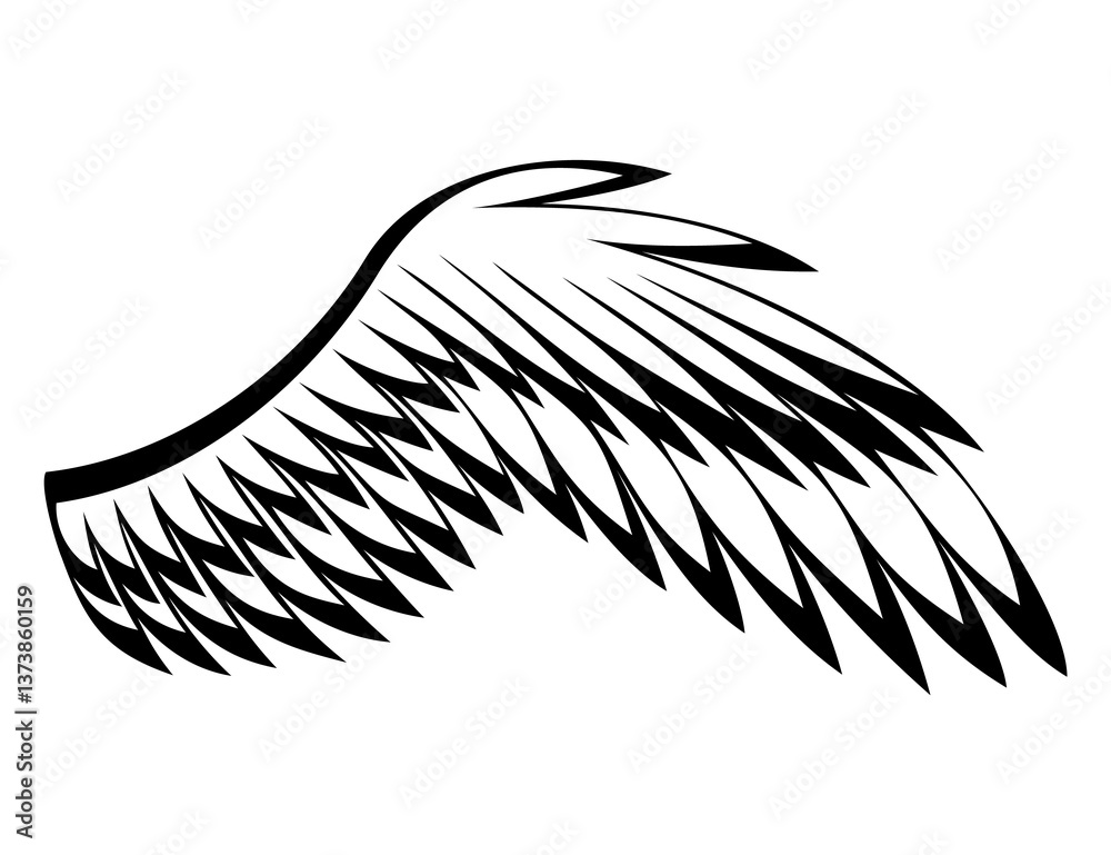 Wings sketch. Stylized birds wings. Hand drawn contoured stiker wing in open position. design elements in coloring style
