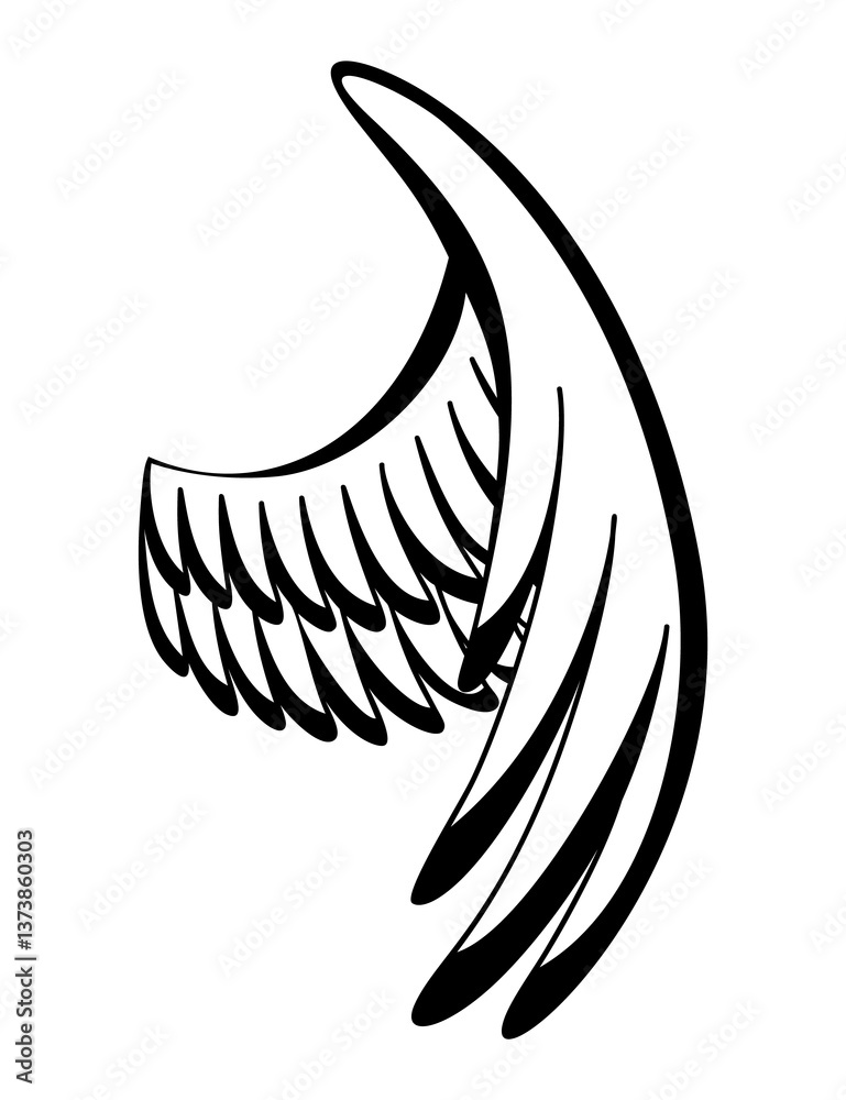 Wings sketch. Stylized birds wings. Hand drawn contoured stiker wing in open position. design elements in coloring style