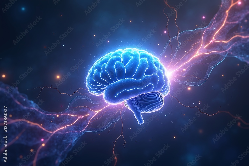 Fototapeta premium Vibrant Glowing Brain in a Cosmic Neural Network