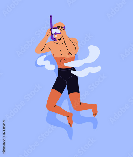 Person in swimwear does scuba diving in ocean. Swimmer with snorkel is swimming in sea. Happy diver with goggles does extreme sport in water in summer vacation. Flat isolated vector illustration