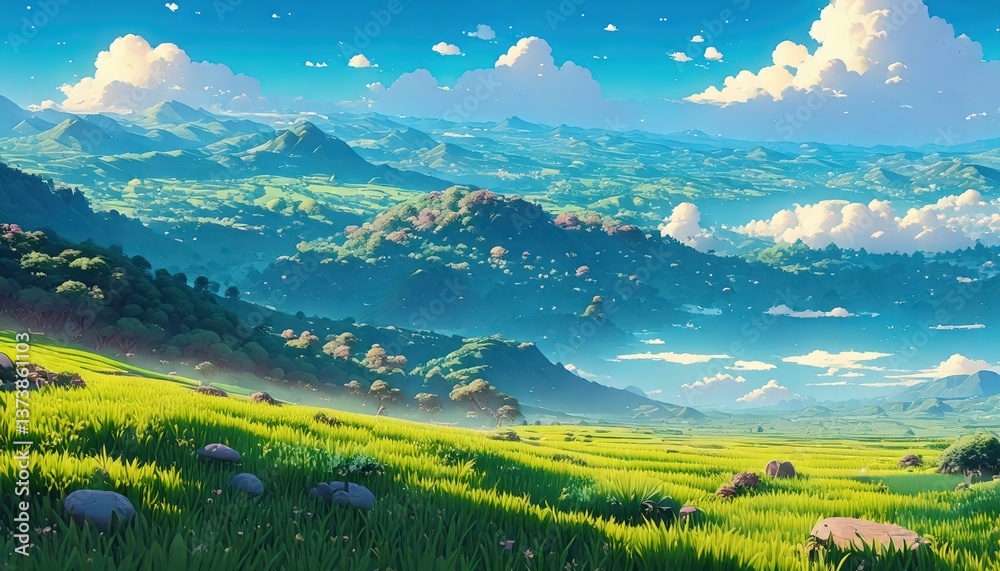 Fototapeta premium 光と風を感じる草の海 – 絵画のような自然風景, 美しい草原と広がる空 – ナチュラル＆リラクゼーション背景