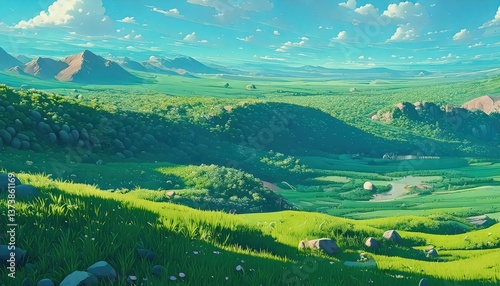 光と風を感じる草の海 – 絵画のような自然風景, 美しい草原と広がる空 – ナチュラル＆リラクゼーション背景