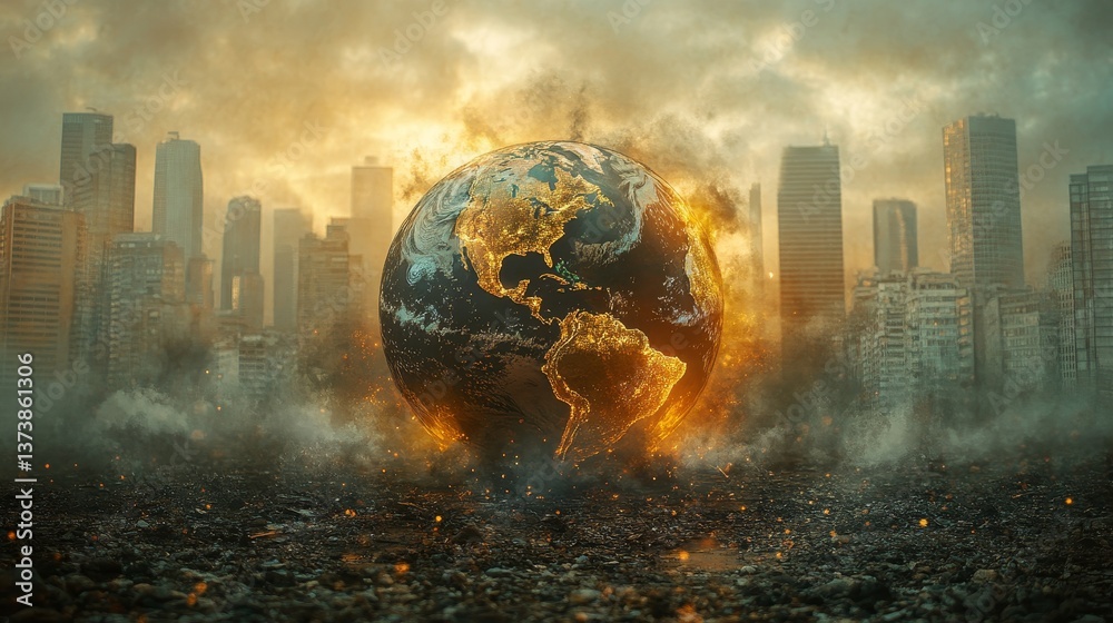 Burning planet earth surrounded by city ruins and smoke reflects the urgency of climate crisis and environmental destruction on World Environment Day