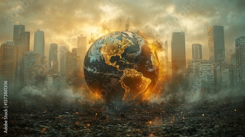Burning planet earth surrounded by city ruins and smoke reflects the urgency of climate crisis and environmental destruction on World Environment Day