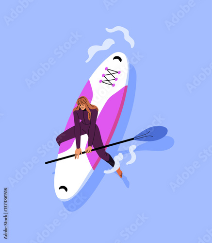 Young woman in swimsuit sits on supboard on water top view. Happy girl makes surfing on sup board in sea resort. Surfer with paddle is floating on ocean in summer. Flat isolated vector illustration