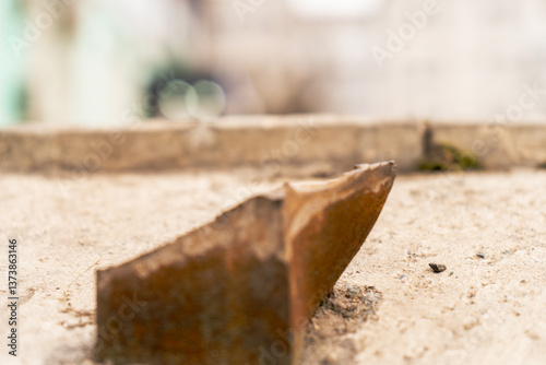 A close-up photograph of a rusted metal edge protruding from a concrete surface. The aged texture of both the metal and the concrete showcases decay and corrosion, symbolizing urban neglect 
