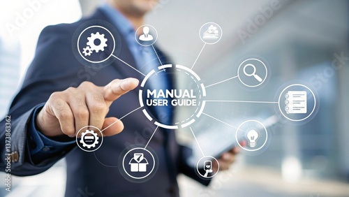 A businessman interacts with a virtual touchscreen, selecting the option labeled 'MANUAL USER GUIDE.'. MANUAL USER GUIDE. Manual User Guide Interface for Business Process Instruction and Documentation photo
