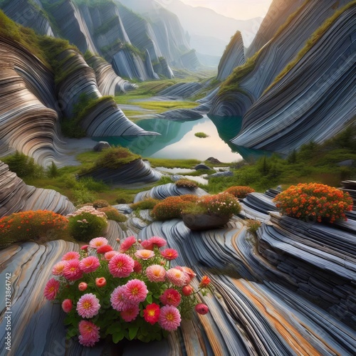 Schist Scene A serene natural scene unfolds in the schist where