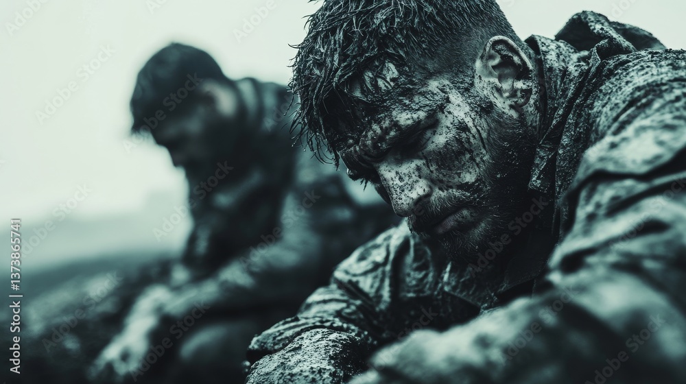 exhausted soldier covered in mud rests on battlefield after intense combat symbolizing cost of war and human suffering