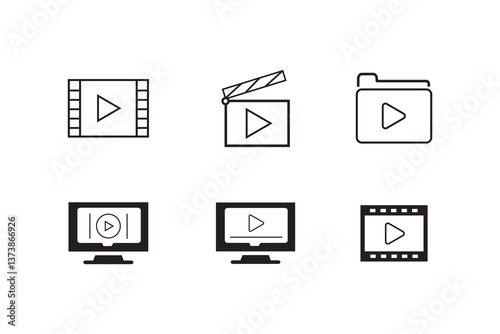 Video media play icon set, multimedia movie start push button, player app symbol collection concept, illustration on white background.
