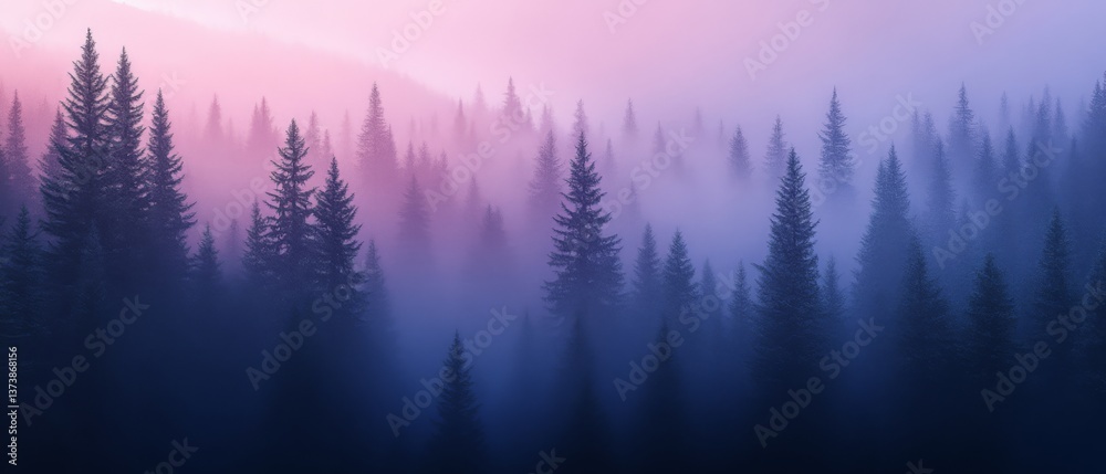 Fototapeta premium Fog drapes a serene pine forest in soft purples and blues as dawn breaks, creating a dreamy, mysterious woodland scene.