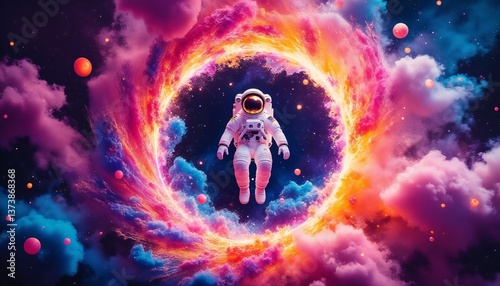 Astronaut stands in a surreal nebula with glowing colors, creating a sense of exploration, wonder, and interstellar discovery.

