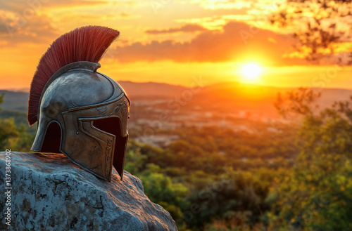 An ancient Greek Spartan helmet with a red plume set against a stunning sunset backdrop on a rock, overlooking a lush landscape with distant hills and trees.