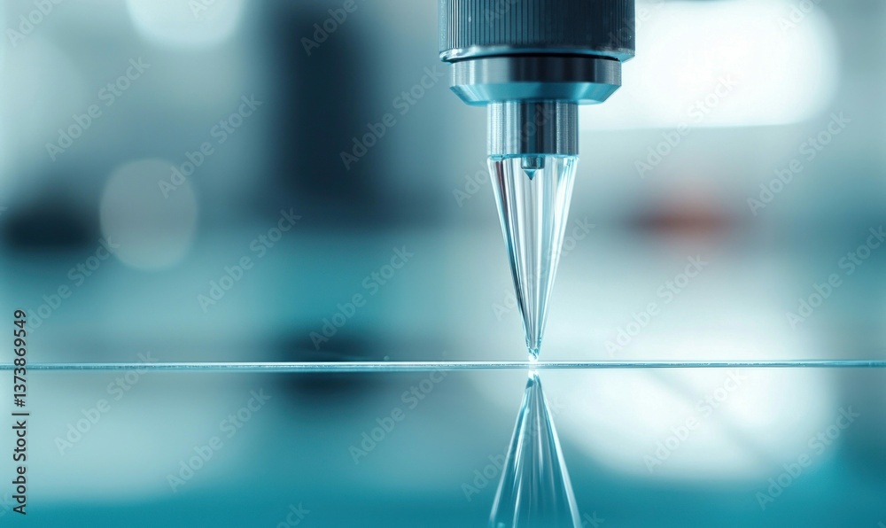 A water jet cutter precisely slices through a clear material, creating a clean, mirrored reflection. A water jet cutter precisely slices through a clear material, creating a clean, mirrored reflection.