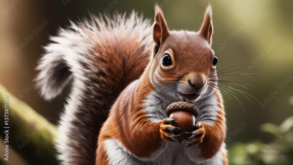 Obraz premium cute squirrel with fluffy fur holds acorn in its paws, set against natural background. scene captures essence of wildlife and nature charm