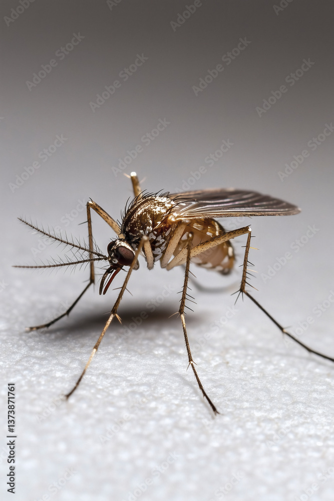 Close-up of a mosquito showing its body structure, wings, and legs against a neutral background. Close-up of a mosquito showing its body structure, wings, and legs against a neutral background.