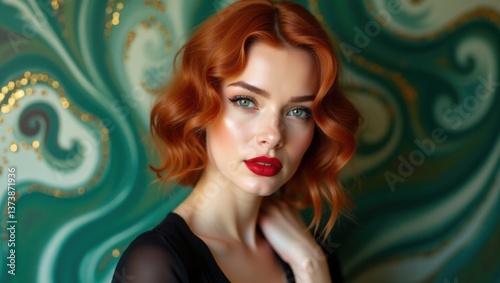Modelo elegante y sofisticada con un cabello cobrizo vibrante y ardiente peinado en ondas sueltas y sin esfuerzo, luciendo un lápiz labial rojo