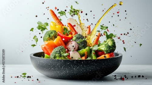 Colorful medley of fresh vegetables in a bowl, oil splashing