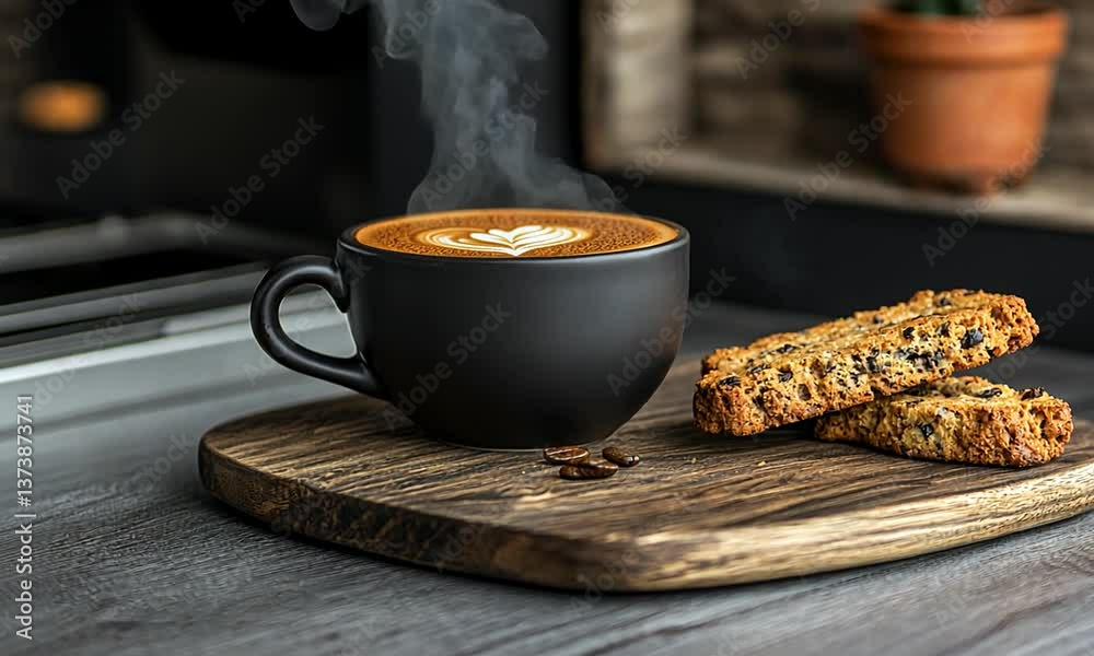 A steaming cup of coffee with a heart design sits on a wooden board beside crunchy cookies, evoking warmth