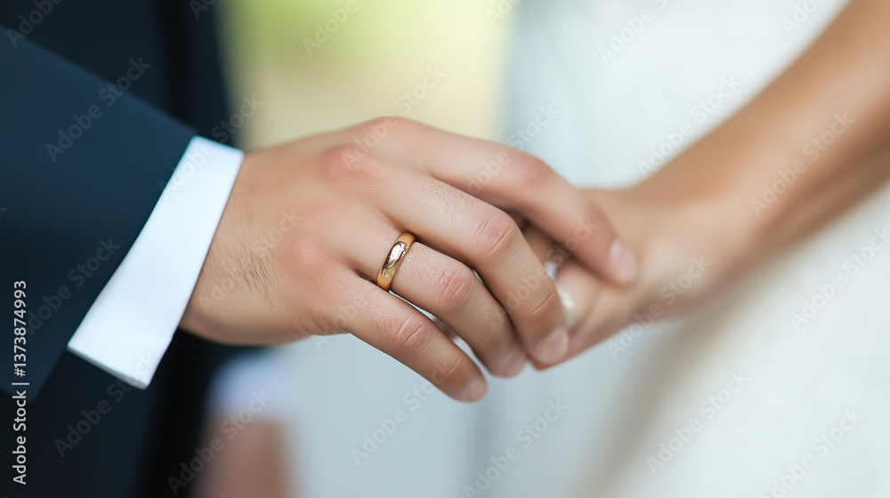 Obraz premium Hands of a bride and groom holding each other during a wedding ceremony with wedding rings symbolizing love and commitment concept