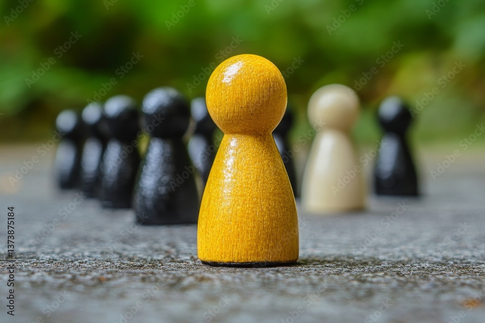 One yellow pawn figure standing apart symbolizing leadership difference and social individuality