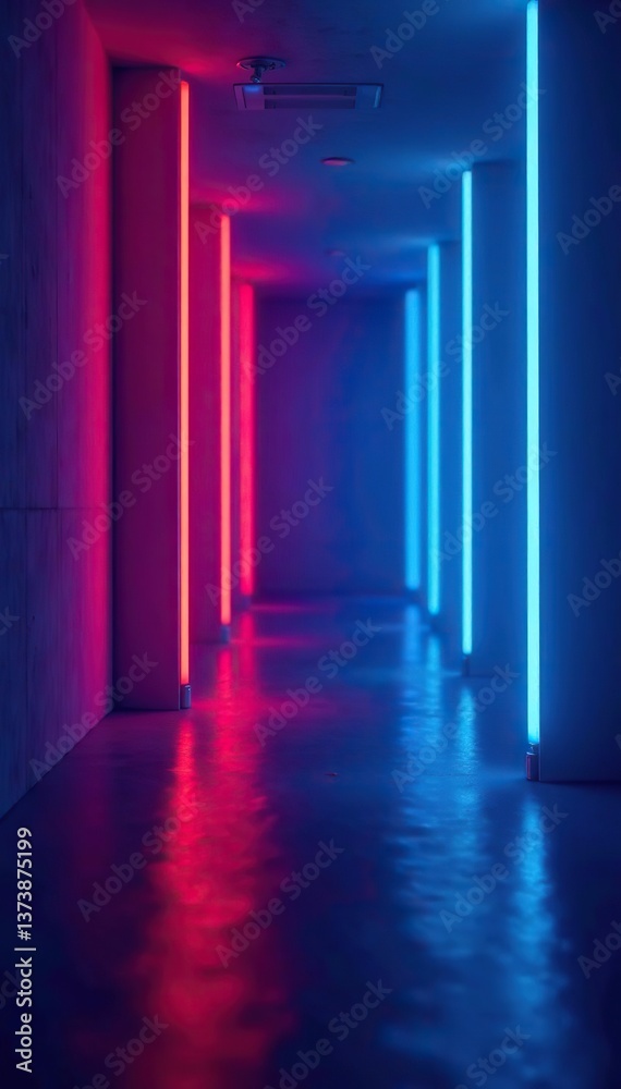 Fototapeta premium Abstract wide banner design with a dark blue background, featuring vibrant neon lights shining and reflecting on the surface, reflecting, shining