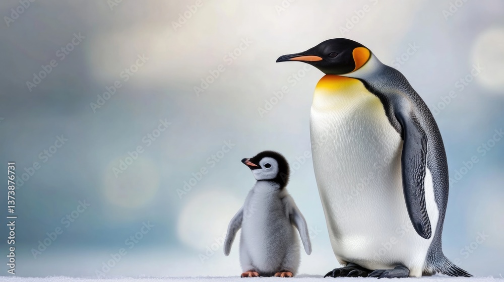Obraz premium Adult emperor penguin with chick on snowy terrain in natural habitat. Mother's Day, Mothering Sunday, Dia de la Madre - Global Maternal Celebration, Worldwide Family Holiday