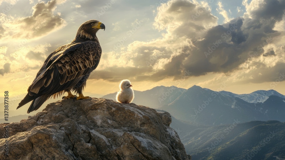 Fototapeta premium Majestic eagle and chick on mountain peak at sunset. Mother's Day, Mothering Sunday, Dia de la Madre - Global Maternal Celebration, Worldwide Family Holiday